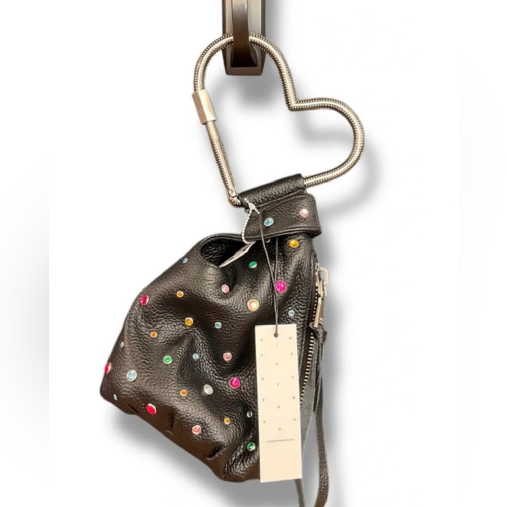 NWT! Aimee Kestenberg Handheld Leather Pouch All My Heart Black w/Jewels.